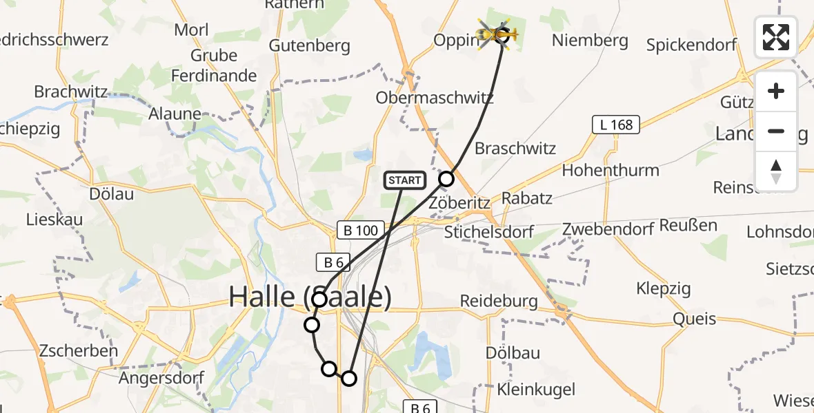 Flugroute Rettungshubschrauber Halle (Saale) - Halle-Oppin Flugplatz, 05 Oktober 2026, 15:31