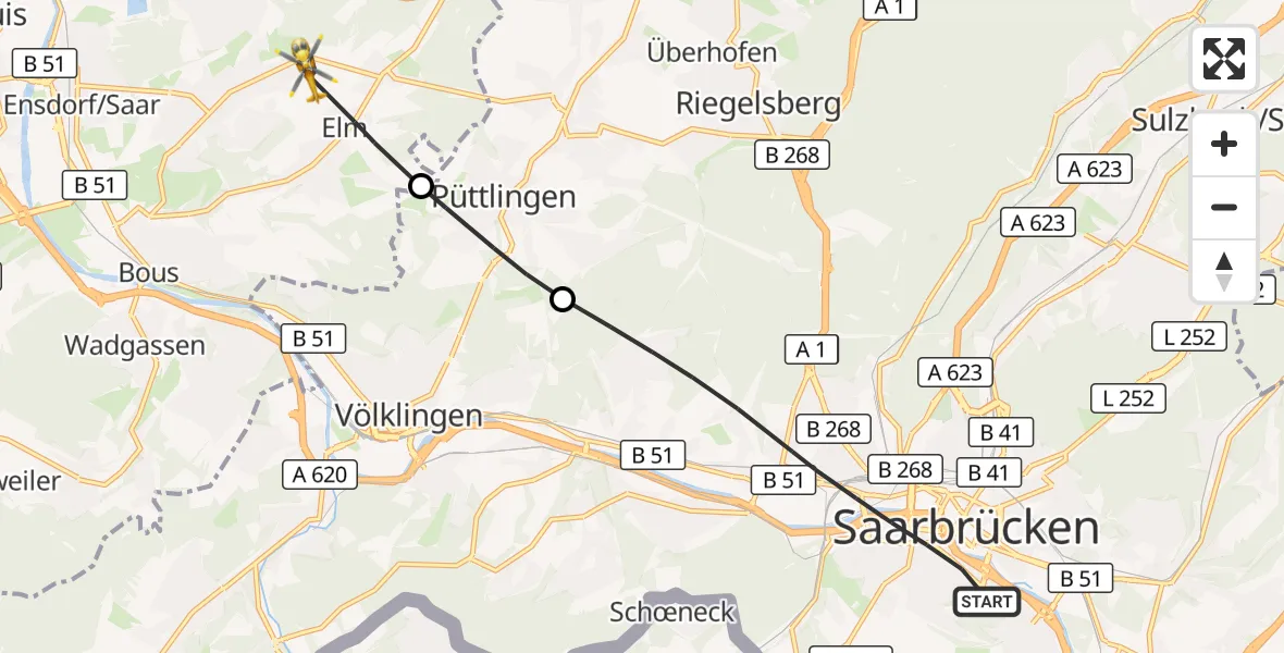 Flugroute Rettungshubschrauber Saarbrücken - Schwalbach, 05 Oktober 2026, 15:33
