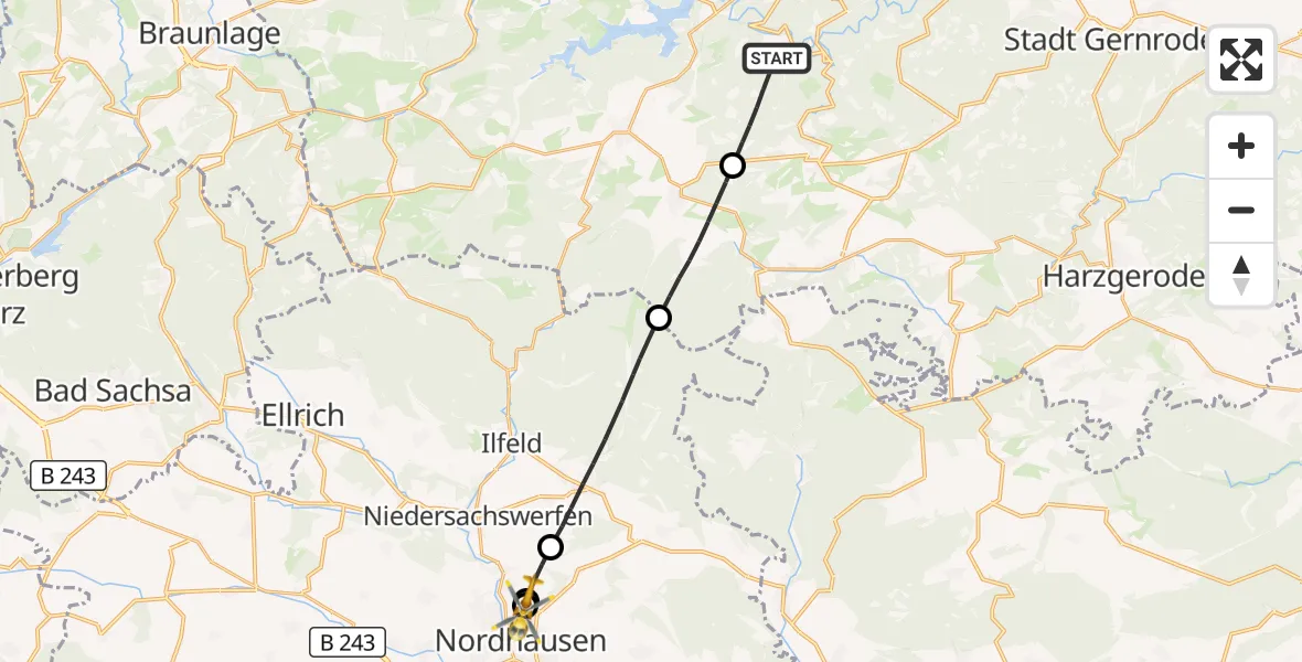 Flugroute Rettungshubschrauber Thale - Südharz Hospital Nordhausen, 05 Oktober 2026, 15:37