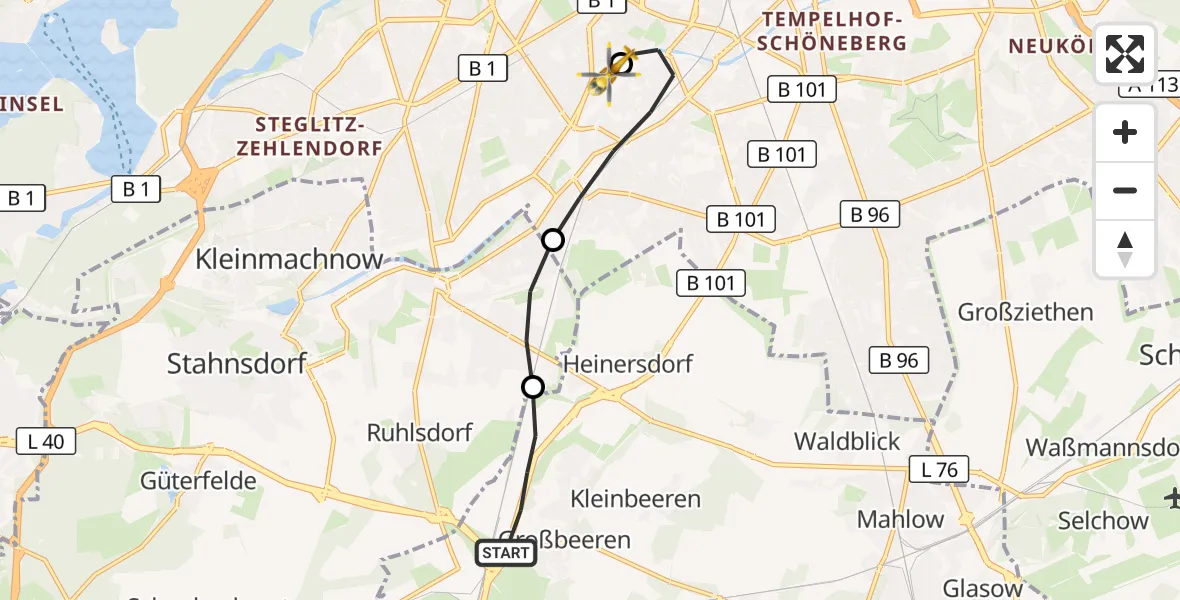 Flugroute Rettungshubschrauber Großbeeren - Charité Clinic Benjamin Franklin Campus, 05 Oktober 2026, 16:15