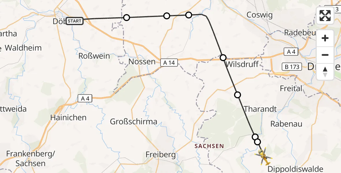 Flugroute Rettungshubschrauber Döbeln - Klingenberg, 05 Oktober 2026, 16:21