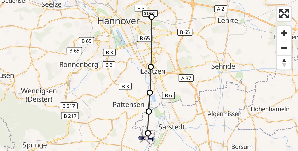 Flugroute Polizeihubschrauber Hannover Luftrettung Hubschrauberlandeplatz (Christoph 4) - Pattensen, 05 Oktober 2026, 16:40