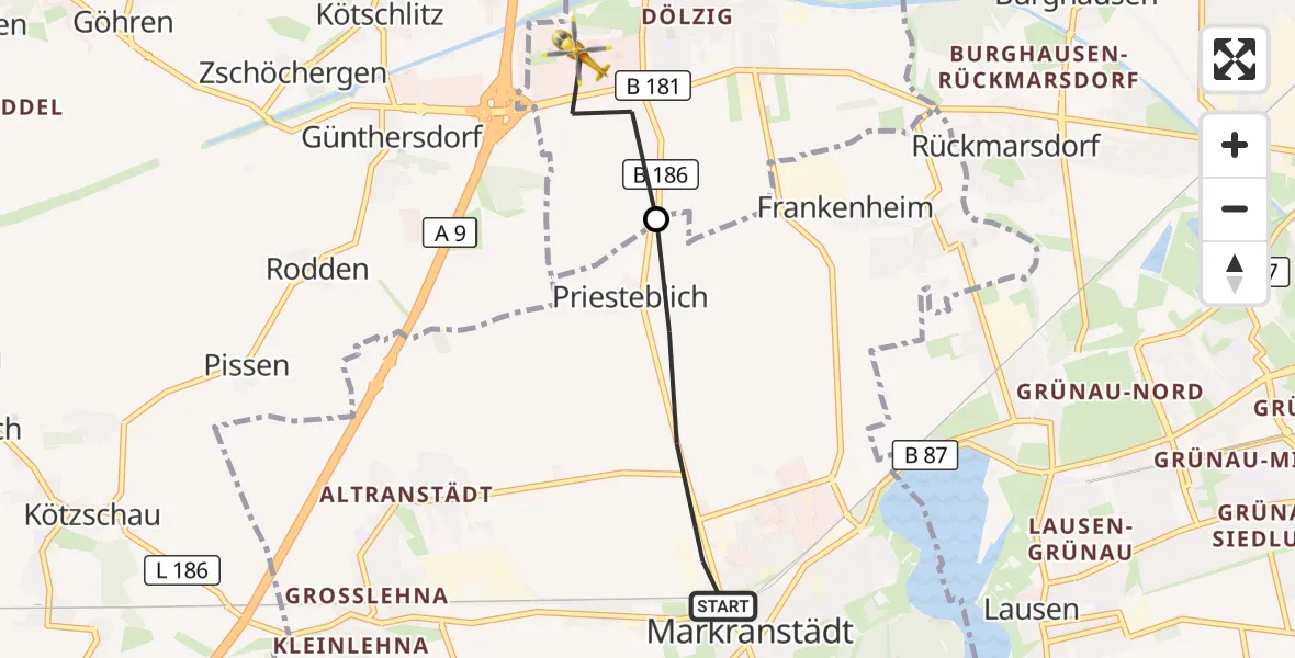 Flugroute Rettungshubschrauber Markranstädt - ADAC Air Rescue Station Leipzig/Schkeuditz-Dölzig Hubschrauberlandeplatz (Christoph 61), 05 Oktober 2026, 16:46