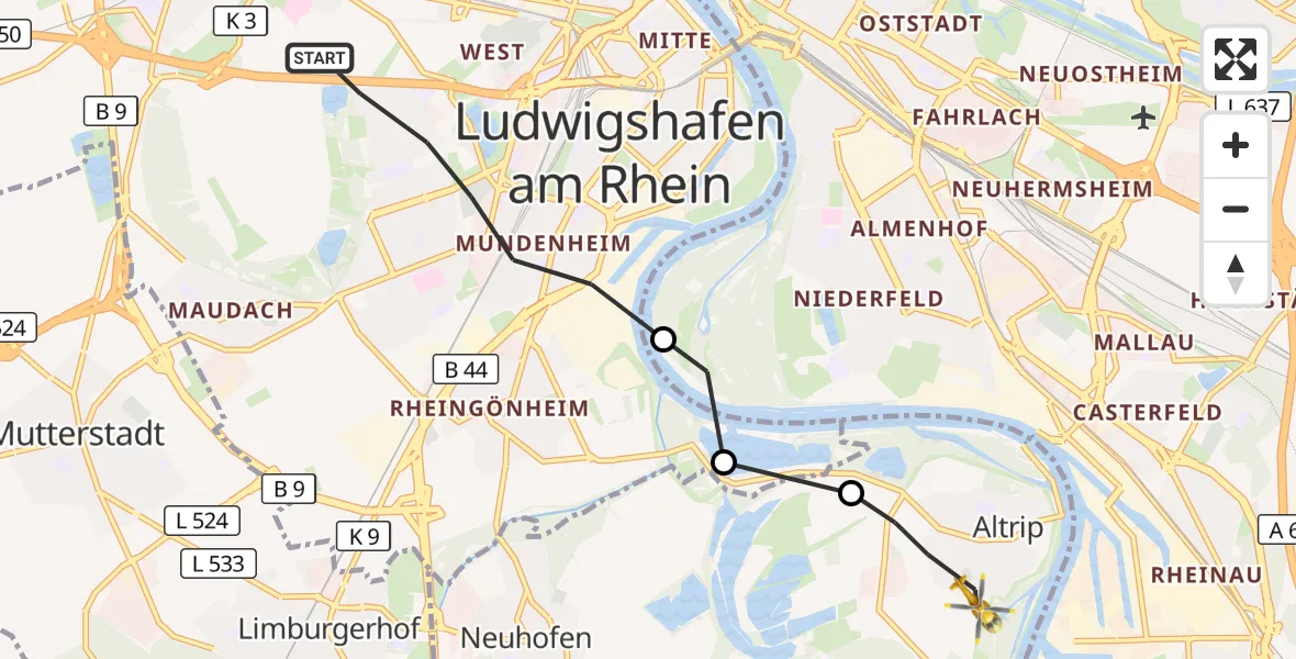 Flugroute Rettungshubschrauber Ludwigshafen am Rhein - Altrip, 05 Oktober 2026, 16:53