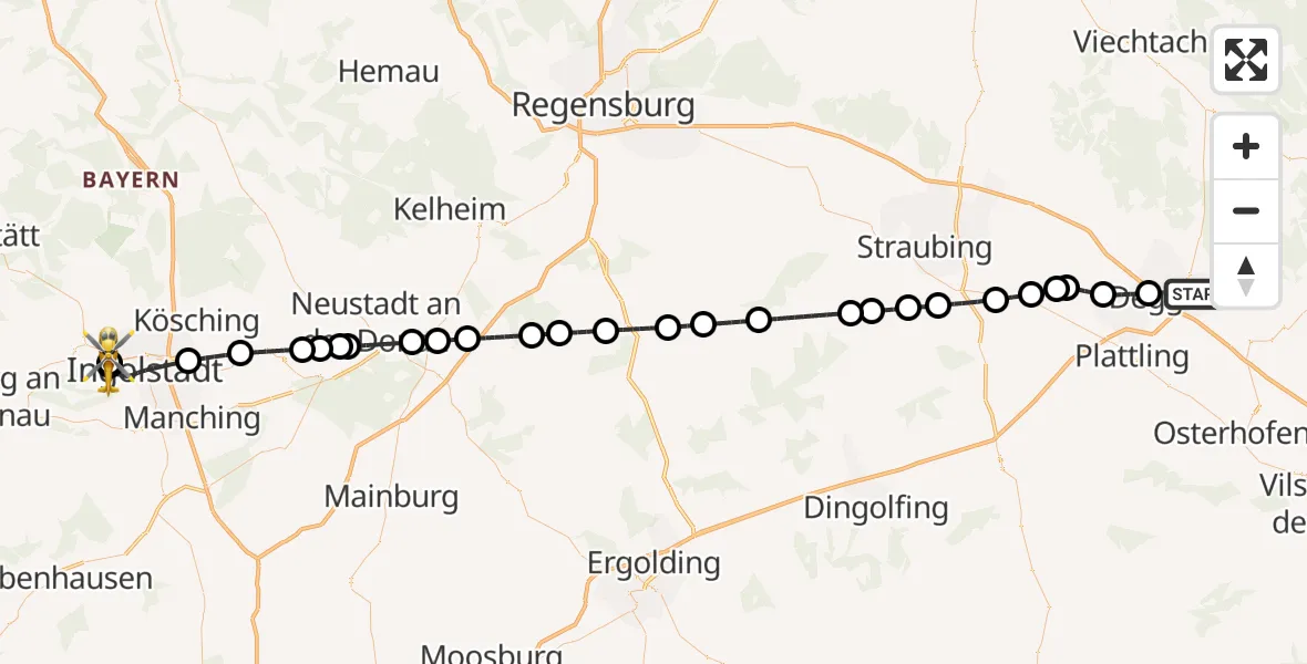 Flugroute Rettungshubschrauber Deggendorf - Ingolstadt Hospital, 05 Oktober 2026, 16:54