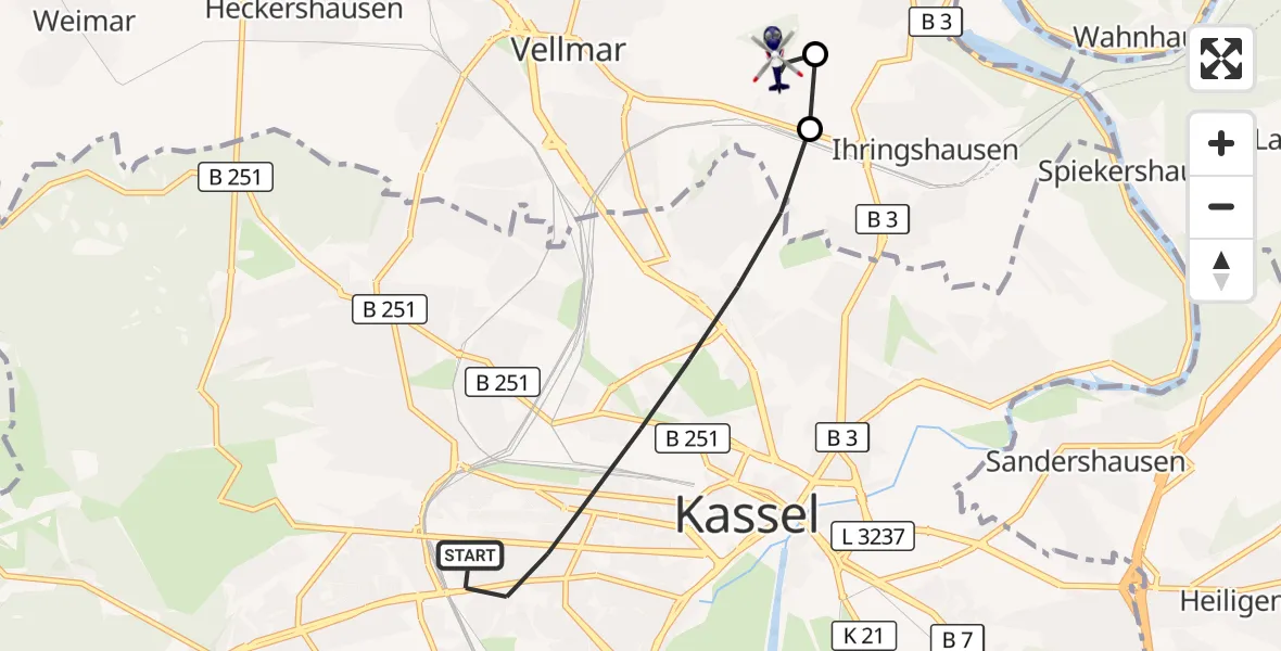 Flugroute Polizeihubschrauber Kassel - Fuldatal Bundespolizei Hubschrauberlandeplatz, 05 Oktober 2026, 16:54