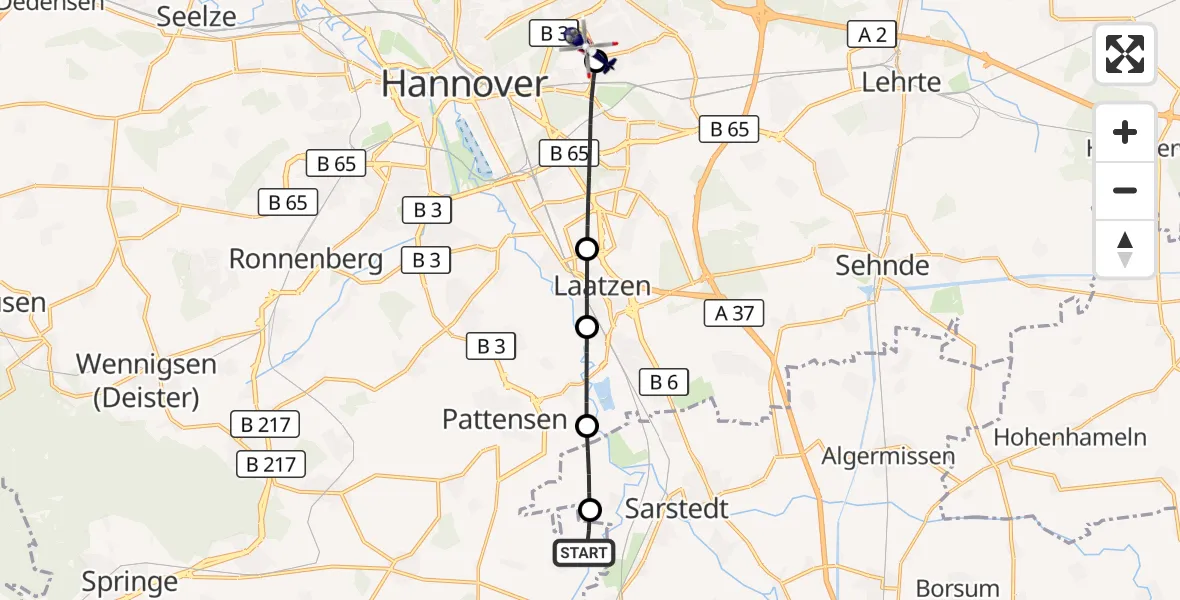 Flugroute Polizeihubschrauber Pattensen - Hannover Luftrettung Hubschrauberlandeplatz (Christoph 4), 05 Oktober 2026, 17:11
