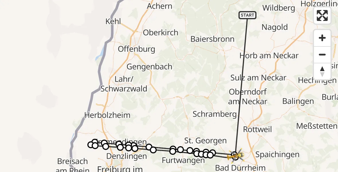 Flugroute Ambulanzhubschrauber Altensteig - DRF Air Rescue Station Villingen-Schwenningen Hubschrauberlandeplatz (Christoph 11), 05 Oktober 2026, 17:21