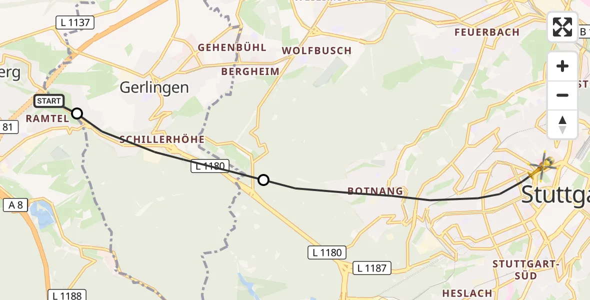 Flugroute Rettungshubschrauber Leonberg - Stuttgart, 05 Oktober 2026, 17:23