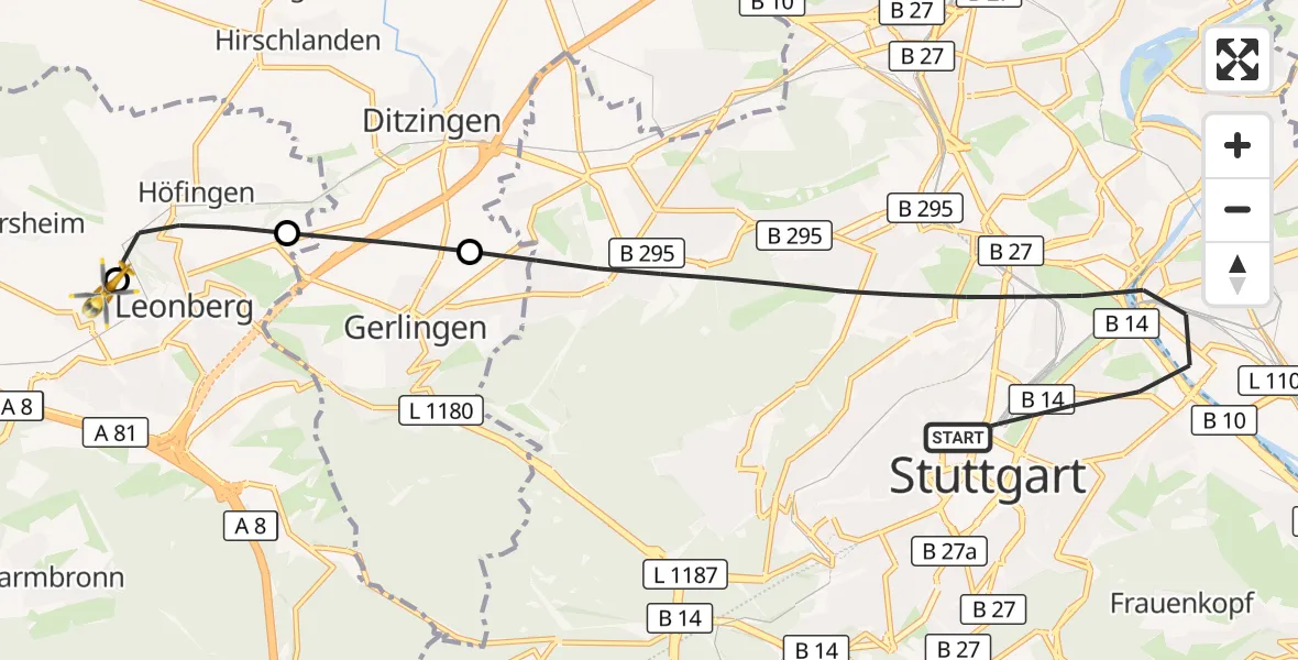 Flugroute Rettungshubschrauber Stuttgart - Leonberg Hospital, 05 Oktober 2026, 17:52