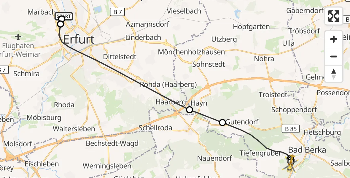 Flugroute Ambulanzhubschrauber Helios Clinic Erfurt - Bad Berka Central Hospital, 05 Oktober 2026, 18:23