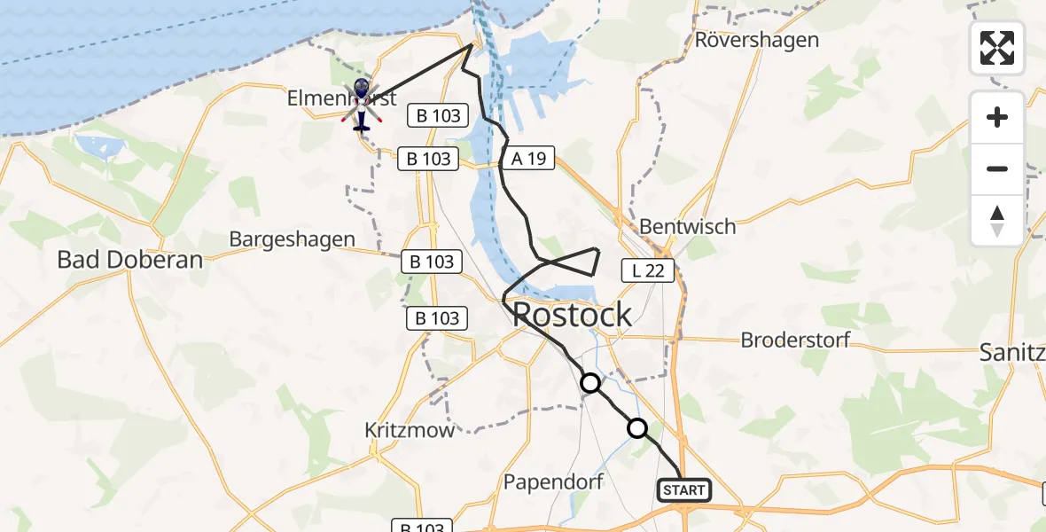 Flugroute Polizeihubschrauber Dummerstorf - Rostock, 05 Oktober 2026, 18:25