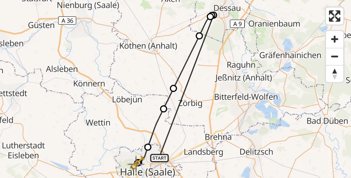 Flugroute Rettungshubschrauber Halle (Saale) - Halle (Saale) University Hospital, 05 Oktober 2026, 18:35