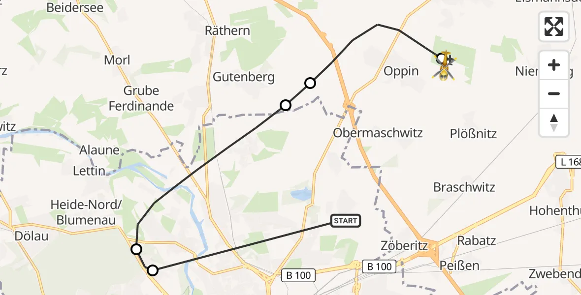 Flugroute Rettungshubschrauber Halle (Saale) - Halle-Oppin Flugplatz, 05 Oktober 2026, 18:57
