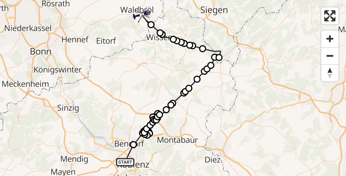 Flugroute Polizeihubschrauber Koblenz - Waldbröl, 05 Oktober 2026, 19:02