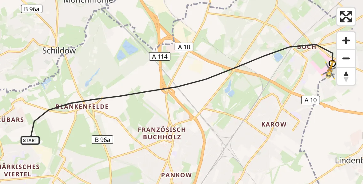 Flugroute Rettungshubschrauber Berlin - Helios Clinic Berlin-Buch, 05 Oktober 2026, 19:10