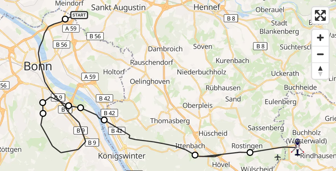 Flugroute Polizeihubschrauber Sankt Augustin - Buchholz (Westerwald), 05 Oktober 2026, 19:12