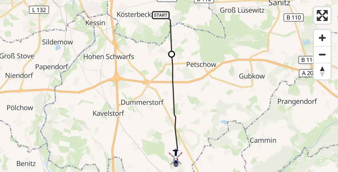 Flugroute Polizeihubschrauber Broderstorf - Dummerstorf, 05 Oktober 2026, 19:14