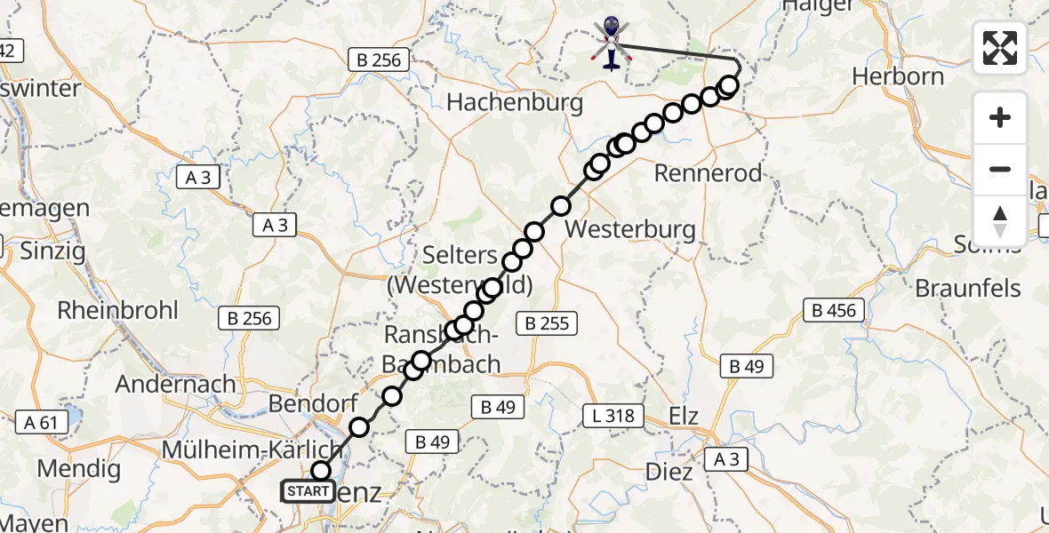 Flugroute Polizeihubschrauber Kemperhof Koblenz Klinikum Hubschrauberlandeplatz - Langenbach bei Kirburg, 05 Oktober 2026, 19:14