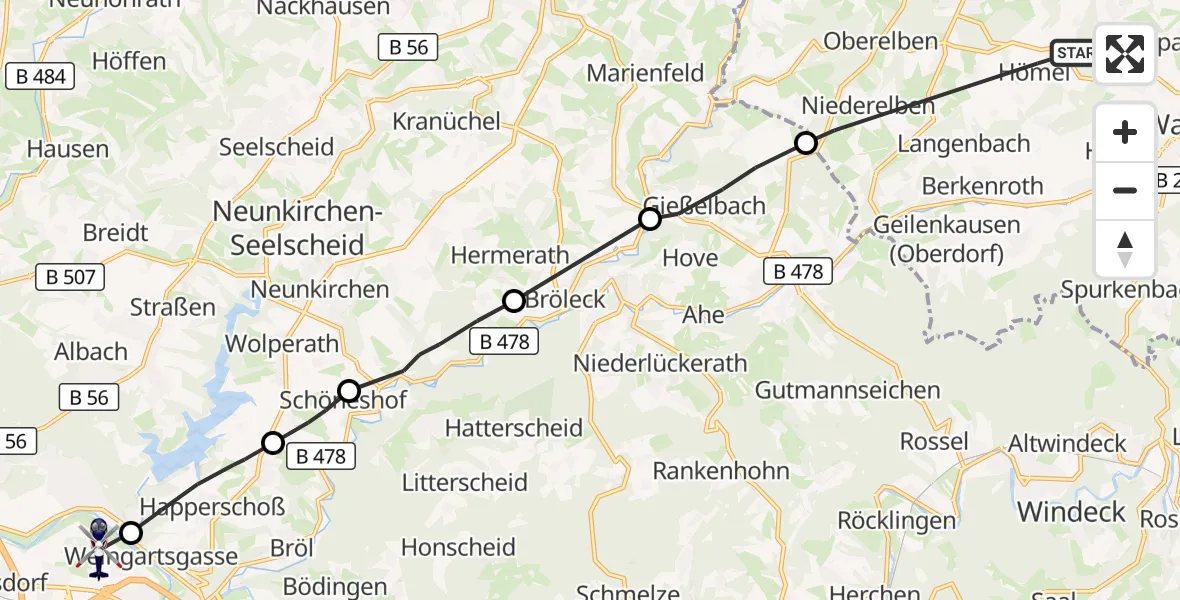 Flugroute Polizeihubschrauber Nümbrecht - Hennef (Sieg), 05 Oktober 2026, 19:37