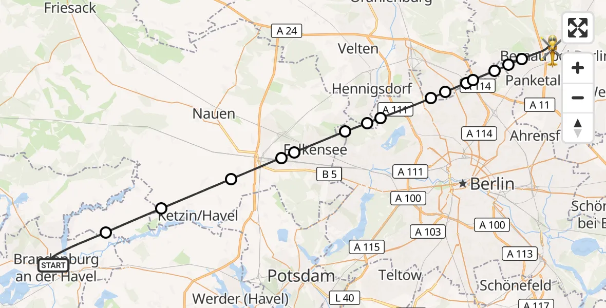 Flugroute Ambulanzhubschrauber Brandenburg an der Havel - Bernau bei Berlin, 05 Oktober 2026, 20:03