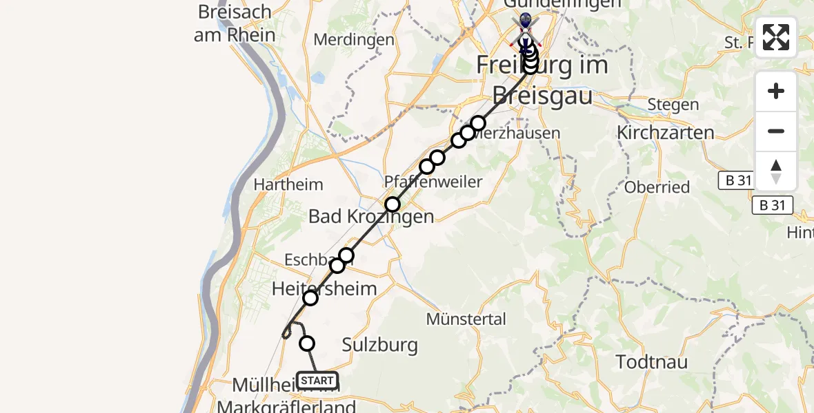 Flugroute Polizeihubschrauber Müllheim im Markgräflerland - Freiburg im Breisgau Flugplatz, 05 Oktober 2026, 21:08