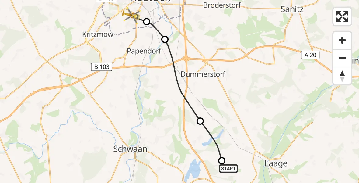 Flugroute Rettungshubschrauber Flughafen Rostock-Laage - Rostock, 05 Oktober 2026, 21:34