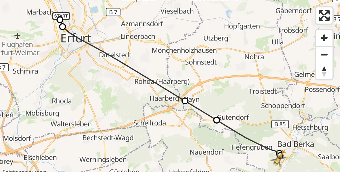 Flugroute Ambulanzhubschrauber Helios Clinic Erfurt - Bad Berka Central Hospital, 05 Oktober 2026, 21:44