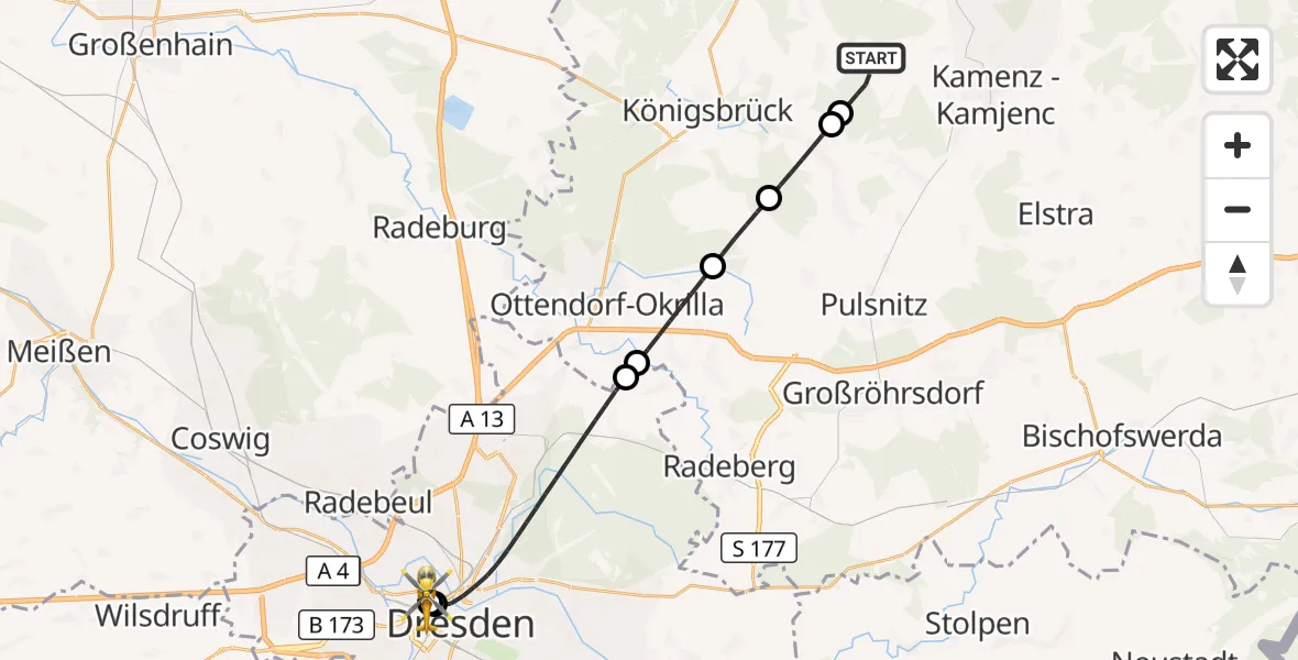 Flugroute Rettungshubschrauber Kamenz - Dresden Friedrichstadt Hospital, 05 Oktober 2026, 22:02