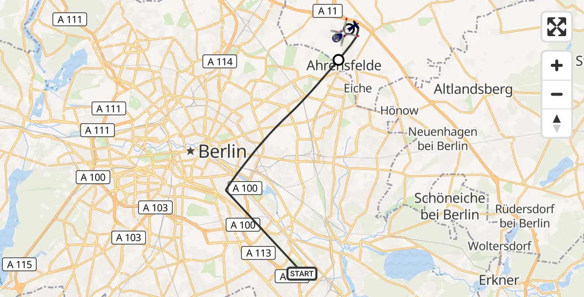Flugroute Polizeihubschrauber Berlin - Ahrensfelde Hubschrauberlandeplatz, 06 Oktober 2026, 03:33