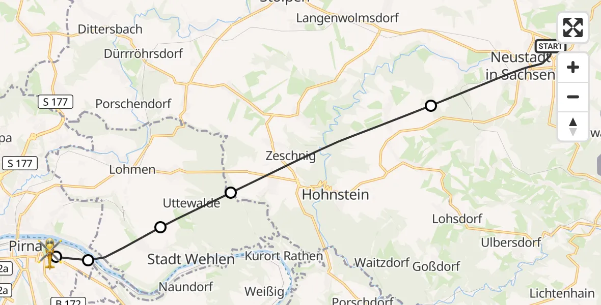 Flugroute Rettungshubschrauber Neustadt in Sachsen - Pirna Hospital, 06 Oktober 2026, 04:38
