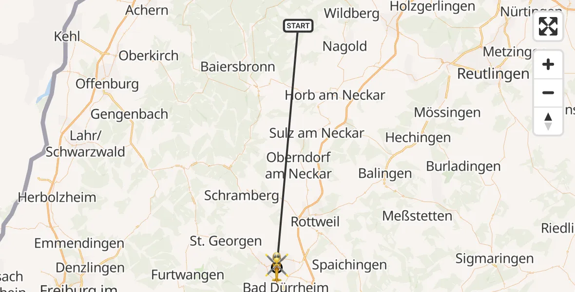 Flugroute Ambulanzhubschrauber Altensteig - DRF Air Rescue Station Villingen-Schwenningen Hubschrauberlandeplatz (Christoph 11), 06 Oktober 2026, 04:40