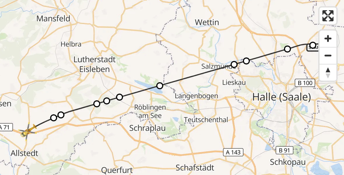 Flugroute Rettungshubschrauber Halle-Oppin Flugplatz - Allstedt, 06 Oktober 2026, 05:15