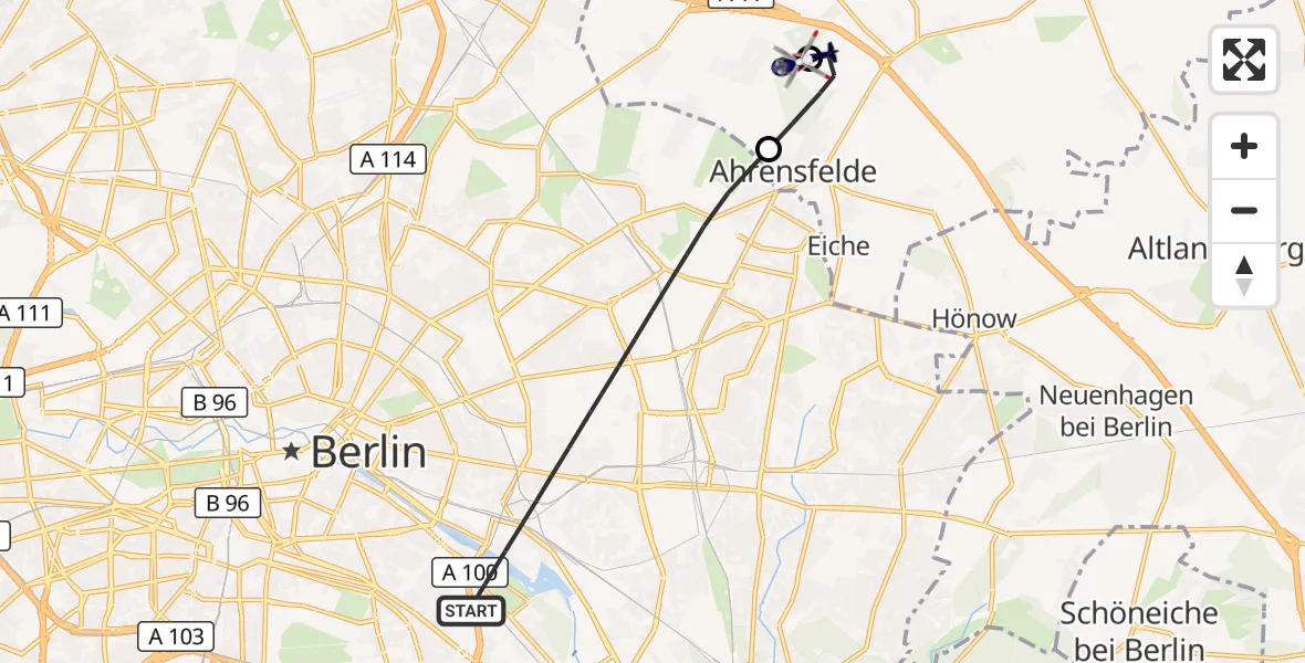Flugroute Polizeihubschrauber Berlin - Ahrensfelde Hubschrauberlandeplatz, 06 Oktober 2026, 05:20