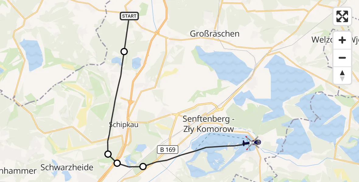 Flugroute Polizeihubschrauber Großräschen - Senftenberg, 06 Oktober 2026, 05:37