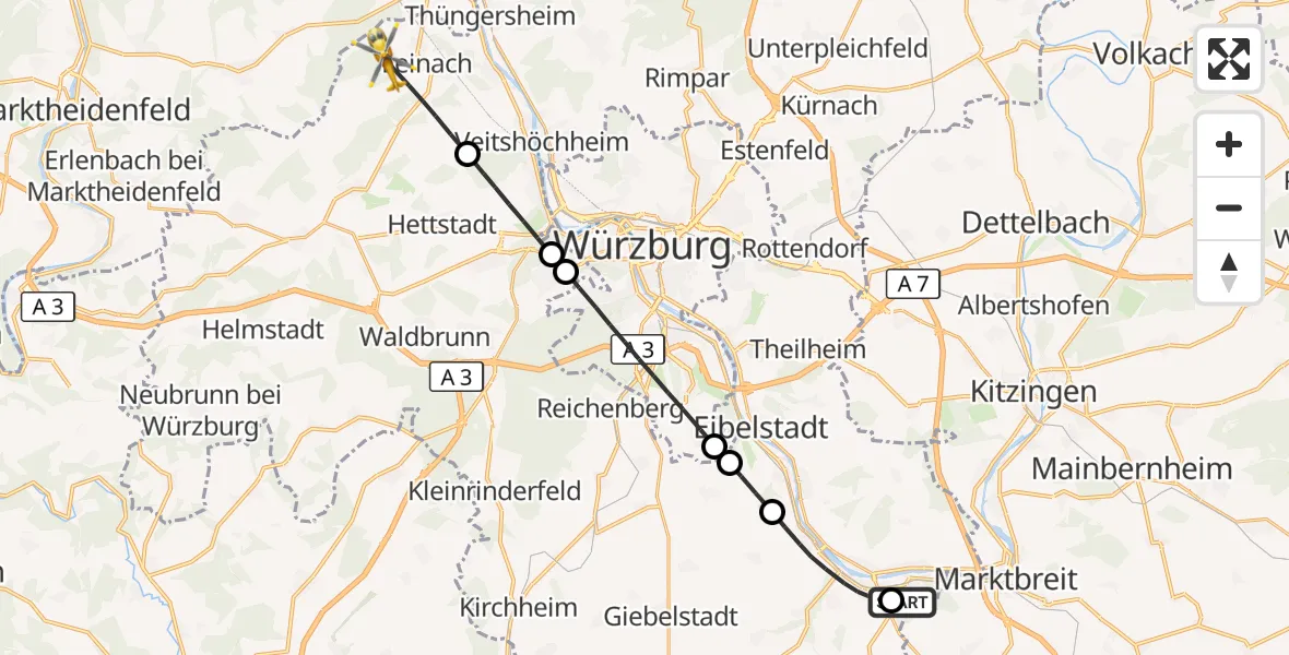 Flugroute Rettungshubschrauber Ochsenfurt Hospital - Leinach, 06 Oktober 2026, 05:42
