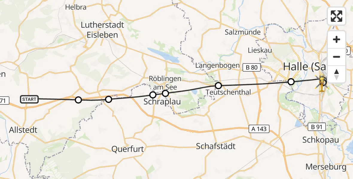 Flugroute Rettungshubschrauber Allstedt - BG Hospital Bergmannstrost Halle, 06 Oktober 2026, 06:02