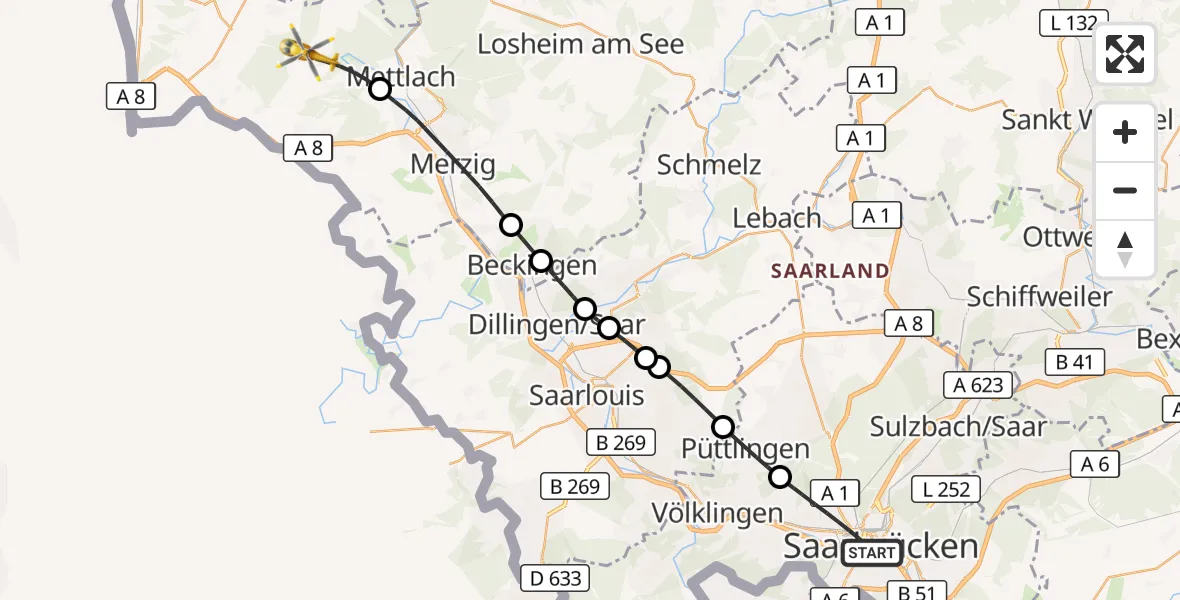 Flugroute Rettungshubschrauber Saarbrücken - Mettlach, 06 Oktober 2026, 06:05