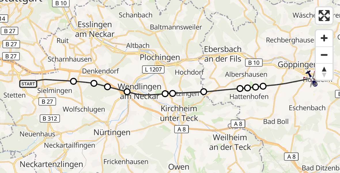 Flugroute Polizeihubschrauber Flughafen Stuttgart - Göppingen, 06 Oktober 2026, 06:11