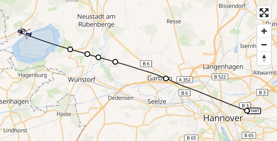 Flugroute Polizeihubschrauber Hannover Luftrettung Hubschrauberlandeplatz (Christoph 4) - Neustadt am Rübenberge, 06 Oktober 2026, 06:13
