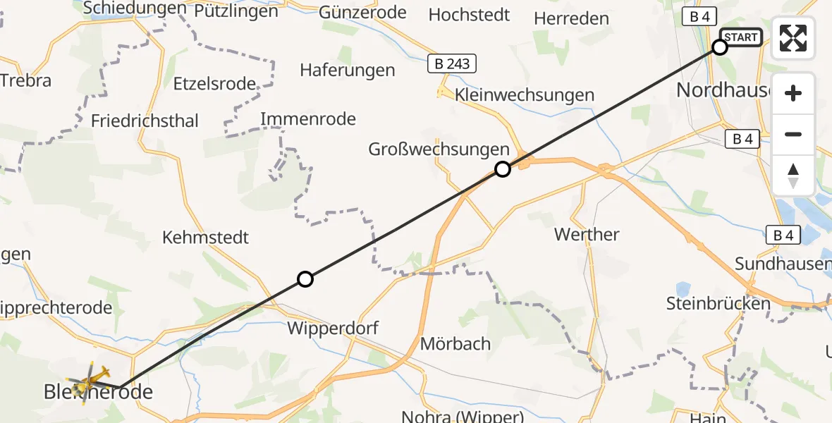 Flugroute Rettungshubschrauber Südharz Hospital Nordhausen - Bleicherode, 06 Oktober 2026, 06:36
