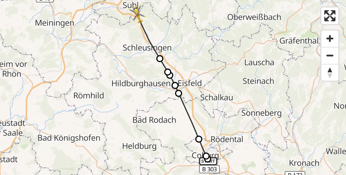 Flugroute Rettungshubschrauber Regiomed Hospital Coburg - Schleusingen, 06 Oktober 2026, 06:42