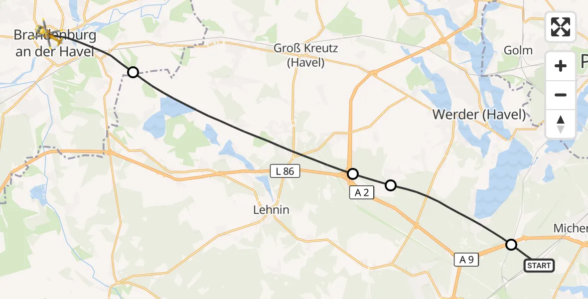 Flugroute Rettungshubschrauber Seddiner See - Brandenburg an der Havel, 06 Oktober 2026, 06:42