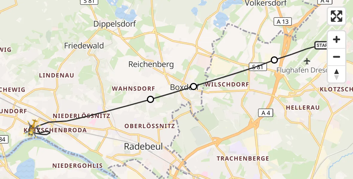Flugroute Rettungshubschrauber Dresden Flughafen - Radebeul, 06 Oktober 2026, 06:51
