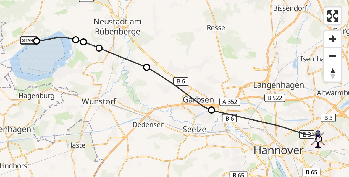 Flugroute Polizeihubschrauber Neustadt am Rübenberge - Hannover Luftrettung Hubschrauberlandeplatz (Christoph 4), 06 Oktober 2026, 06:53