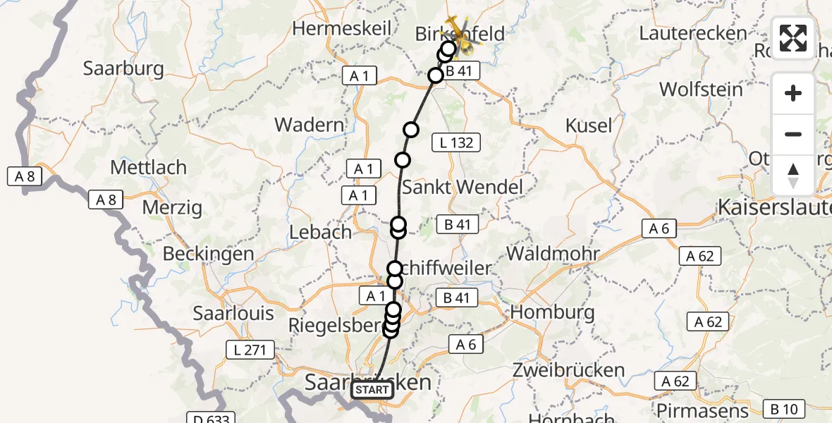 Flugroute Rettungshubschrauber Saarbrücken - Birkenfeld, 06 Oktober 2026, 07:01