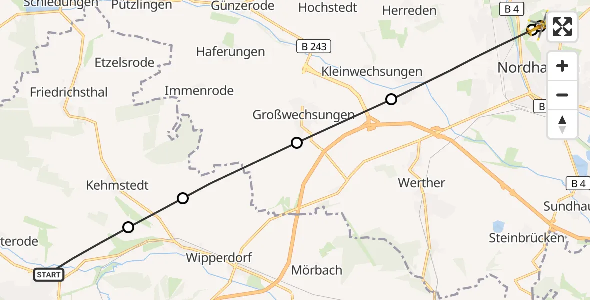 Flugroute Rettungshubschrauber Bleicherode - Südharz Hospital Nordhausen, 06 Oktober 2026, 07:08