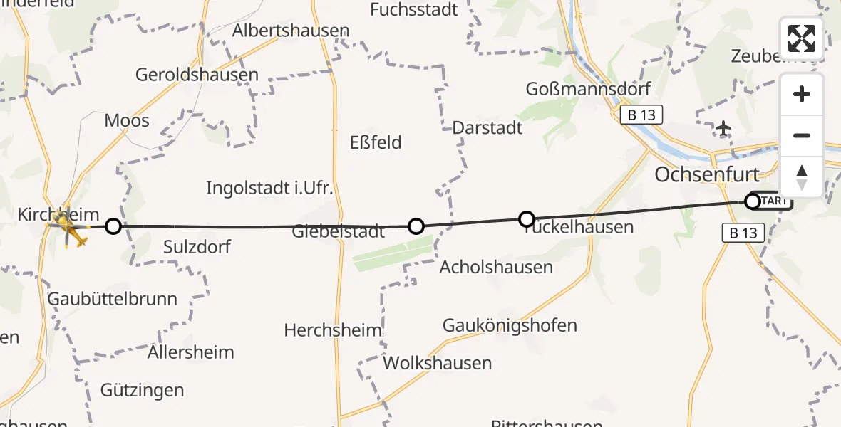 Flugroute Rettungshubschrauber Ochsenfurt Hospital - Kirchheim, 06 Oktober 2026, 07:20