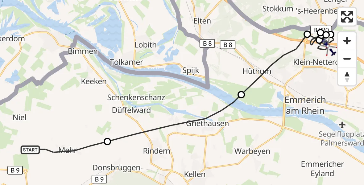 Flugroute Polizeihubschrauber Kranenburg - Emmerich am Rhein, 06 Oktober 2026, 08:00