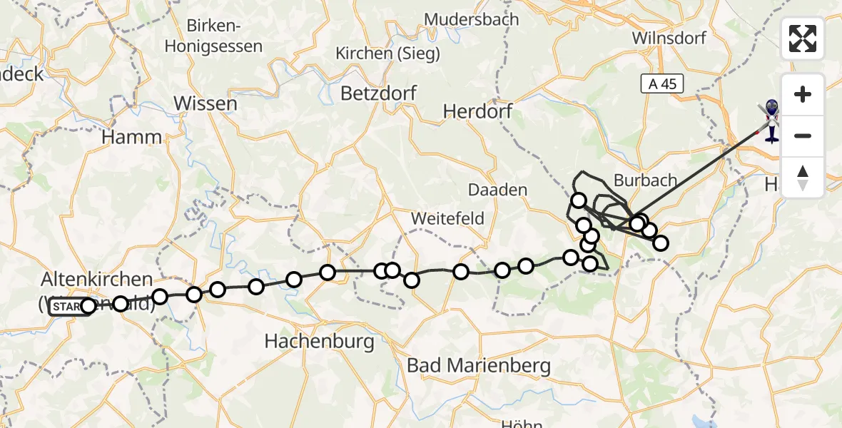 Flugroute Polizeihubschrauber DRK Altenkirchen Hospital - Haiger, 06 Oktober 2026, 08:15